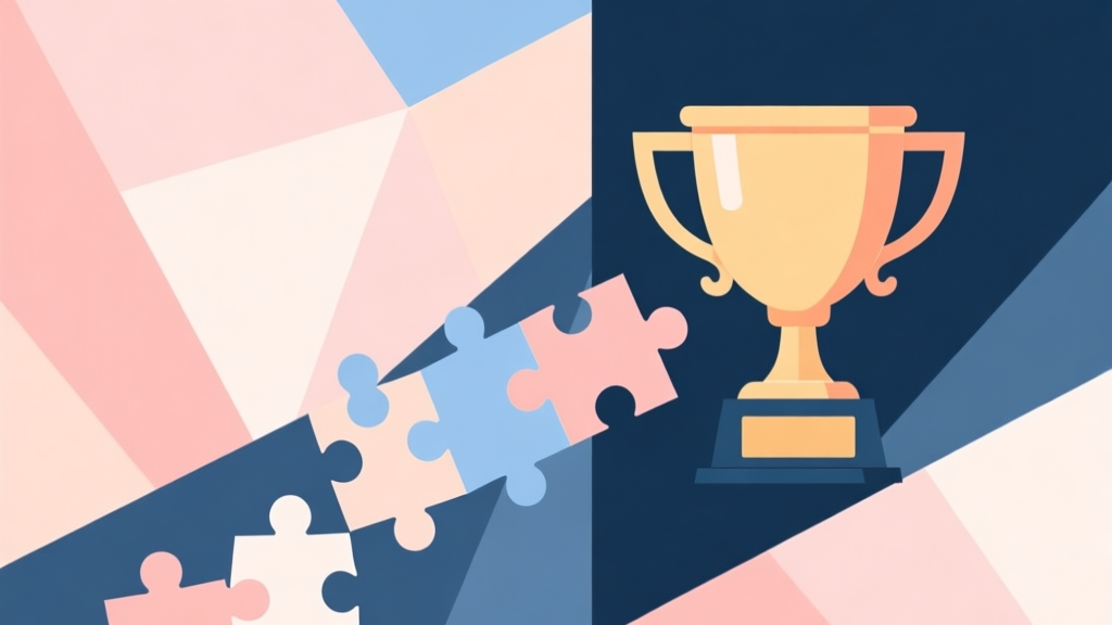 Abstract geometric composition with overlapping shapes, soft pastel colors, modern minimal style, professional business concept illustration of a journey from puzzle pieces to a complete trophy high quality illustration, detailed, 16:9