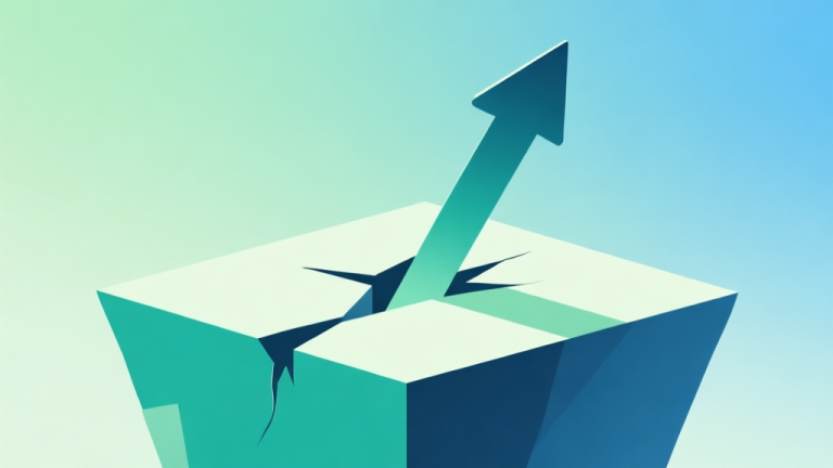 自动生成图片: Abstract geometric composition showing a rising arrow breaking through a plateau, soft green and blue gradient background, clean minimal style, professional growth concept illustration high quality illustration, detailed, 16:9