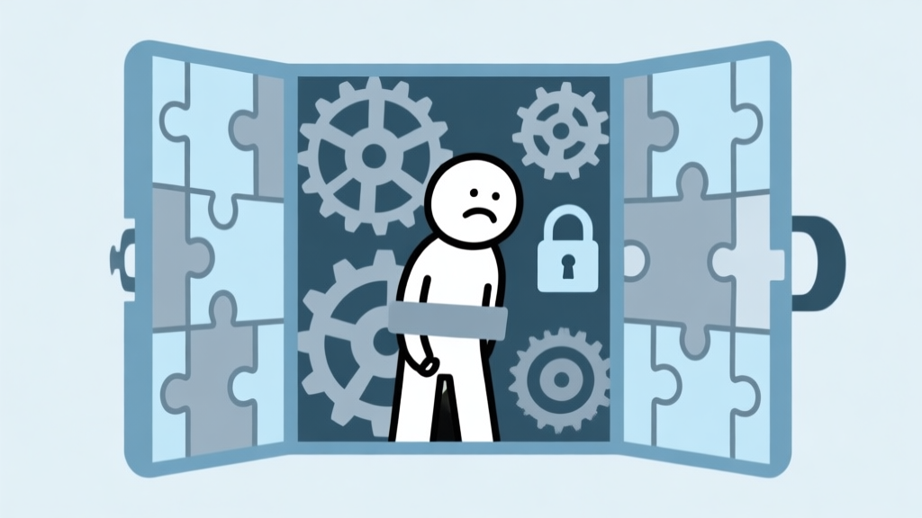 A minimalist illustration of a frustrated stickman figure trapped inside a complex puzzle box with gears and locks, soft blue and grey color scheme, clean lines, flat design style high quality illustration, detailed, 16:9