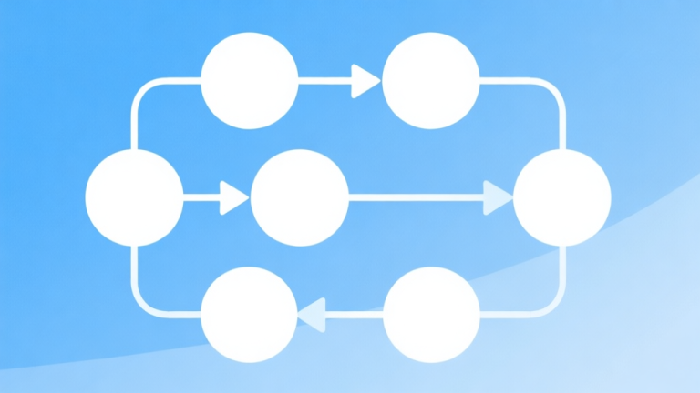 自动生成图片: Simple flowchart illustration with connected circles and arrows, light blue and white color scheme, clean minimal design, business presentation style high quality illustration, detailed, 16:9