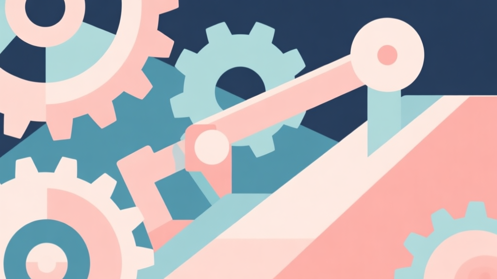 Abstract geometric composition with overlapping shapes representing gears, levers, and slopes, soft pastel colors, modern minimal style, professional game mechanics concept illustration high quality illustration, detailed, 16:9