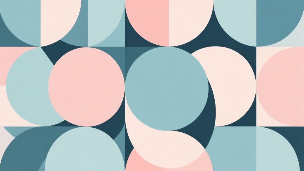 Abstract geometric composition with overlapping circles in a tight, challenging arrangement, soft pastel colors, modern minimal style, professional puzzle concept illustration high quality illustration, detailed, 16:9