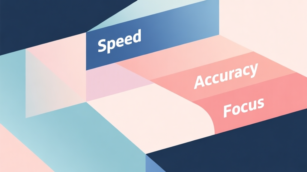 Abstract geometric composition with overlapping shapes labeled Speed, Accuracy, and Focus, soft pastel colors, modern minimal style, professional business concept illustration high quality illustration, detailed, 16:9
