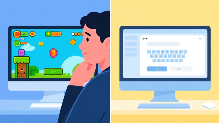 自动生成图片: A split-screen concept showing a person thinking between two different computer screens, one with a colorful game interface and the other with a professional typing test, minimalist design with soft blues and yellows high quality illustration, detailed, 16:9