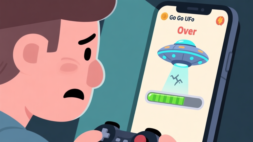 A frustrated gamer looking at a mobile screen showing a Go Go UFO game over screen, with a depleted resource bar and a weak UFO, in a minimalist cartoon style with soft colors high quality illustration, detailed, 16:9