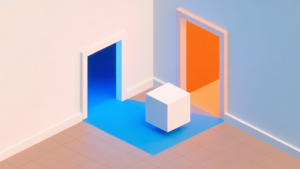 A simple, clean isometric diagram of a room with a blue portal on the floor and an orange portal on a high wall, a cube about to enter the floor portal, minimalist style, soft colors, geometric shapes high quality illustration, detailed, 16:9