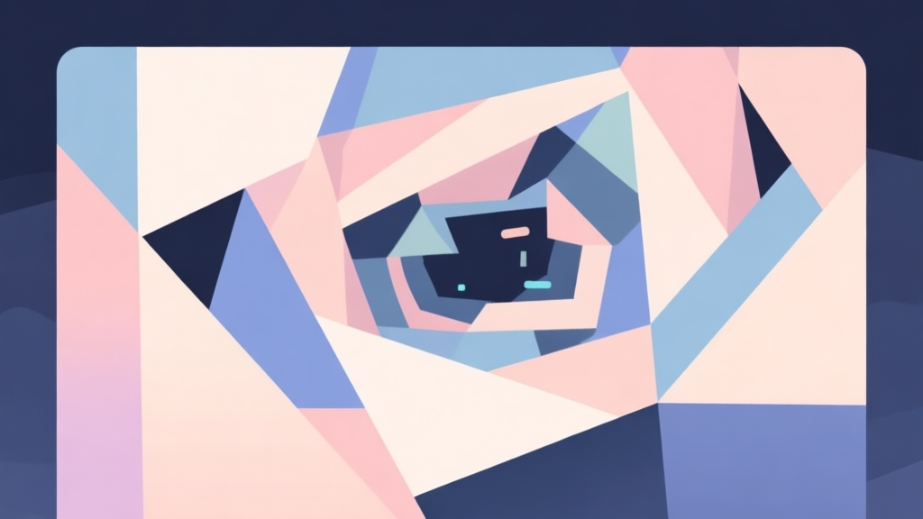Abstract geometric composition with overlapping shapes representing confusion and discovery, soft pastel colors, modern minimal style, professional game concept illustration high quality illustration, detailed, 16:9