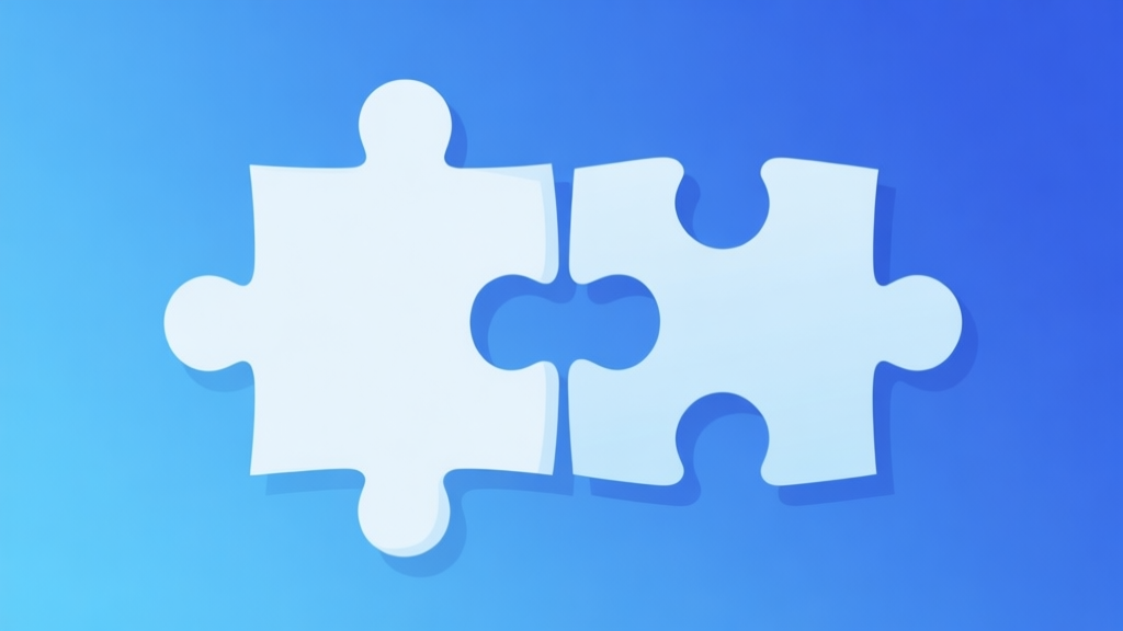 Simple puzzle pieces connecting together, gradient blue background, clean flat design, business solution concept, minimalist style high quality illustration, detailed, 16:9