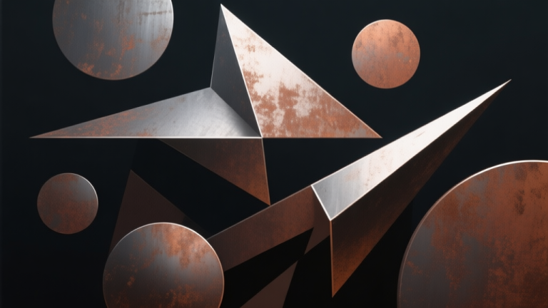 自动生成图片: Abstract geometric composition with overlapping sharp and round shapes, dark metallic and rust color scheme, clean minimal design, representing game challenge and strategy high quality illustration, detailed, 16:9