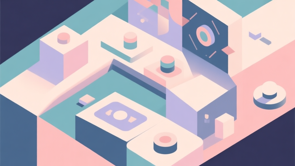 Abstract geometric composition with overlapping shapes representing story and game mechanics, soft pastel colors, modern minimal style, professional game concept illustration high quality illustration, detailed, 16:9