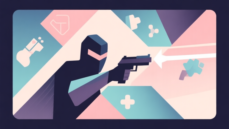 自动生成图片: Abstract geometric composition with overlapping shapes representing game elements like stealth and action, soft pastel colors, modern minimal style, professional gaming concept illustration high quality illustration, detailed, 16:9