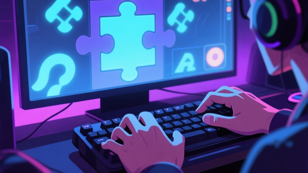 A close-up of a frustrated gamer's hands on a keyboard, with a puzzle game on screen showing abstract, glowing symbols, soft blue and purple lighting, digital art style high quality illustration, detailed, 16:9
