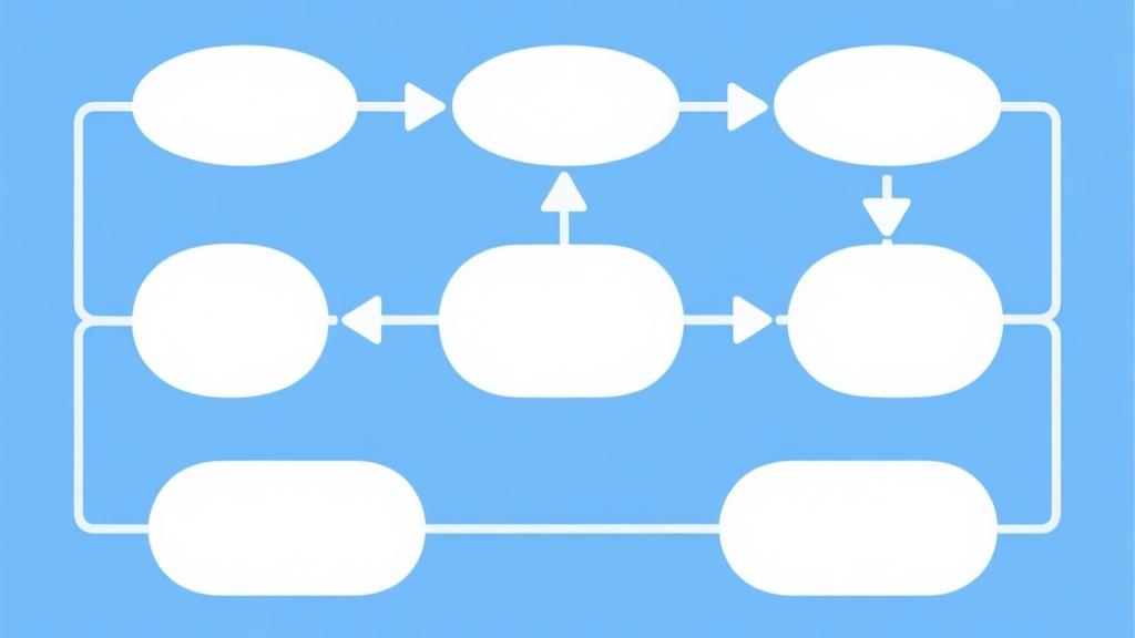 Simple flowchart illustration with connected circles and arrows, light blue and white color scheme, clean minimal design, business presentation style high quality illustration, detailed, 16:9