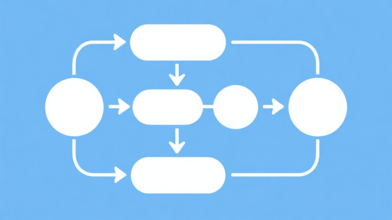 自动生成图片: Simple flowchart illustration with connected circles and arrows, light blue and white color scheme, clean minimal design, business presentation style high quality illustration, detailed, 16:9