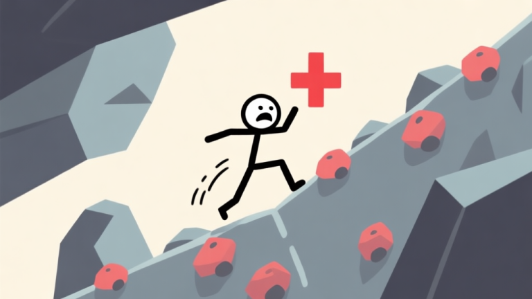 自动生成图片: A frustrated stick figure character falling from a climbing path, simple geometric shapes for rocks and grips, red cross mark, minimalist game art style, soft background high quality illustration, detailed, 16:9