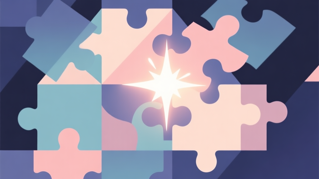 Abstract geometric composition with overlapping shapes representing puzzle pieces and a glowing spark, soft pastel colors, modern minimal style, professional game strategy concept illustration high quality illustration, detailed, 16:9