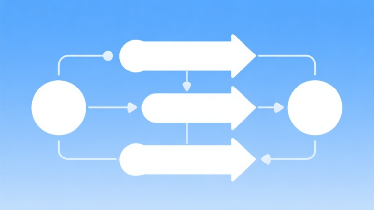 自动生成图片: Simple flowchart illustration with connected circles and arrows, light blue and white color scheme, clean minimal design, business presentation style high quality illustration, detailed, 16:9
