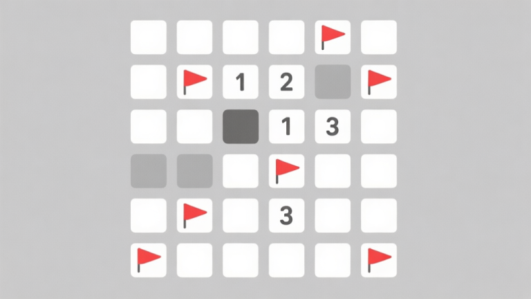 自动生成图片: A minimalist, clean illustration of a classic Minesweeper game grid. Some squares are revealed showing numbers 1, 2, and 3 in simple fonts. A few red flag icons are placed on other squares. The background is soft grey, focusing on clarity and structure. high quality illustration, detailed, 16:9