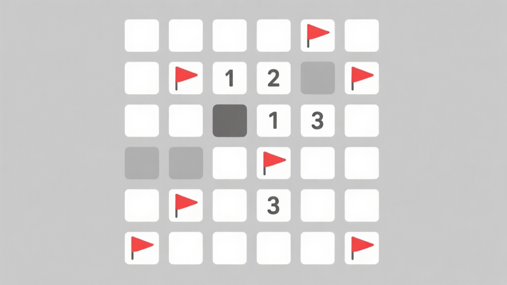 A minimalist, clean illustration of a classic Minesweeper game grid. Some squares are revealed showing numbers 1, 2, and 3 in simple fonts. A few red flag icons are placed on other squares. The background is soft grey, focusing on clarity and structure. high quality illustration, detailed, 16:9