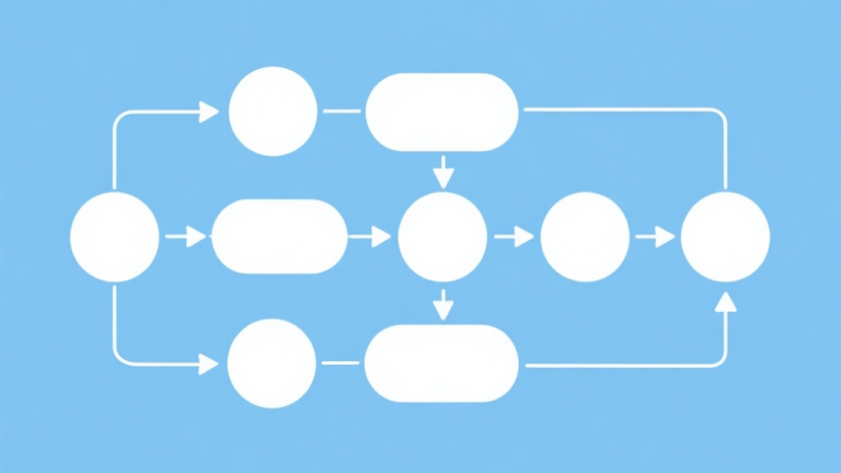 自动生成图片: Simple flowchart illustration with connected circles and arrows, light blue and white color scheme, clean minimal design, business presentation style high quality illustration, detailed, 16:9