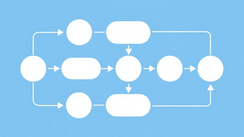 Simple flowchart illustration with connected circles and arrows, light blue and white color scheme, clean minimal design, business presentation style high quality illustration, detailed, 16:9