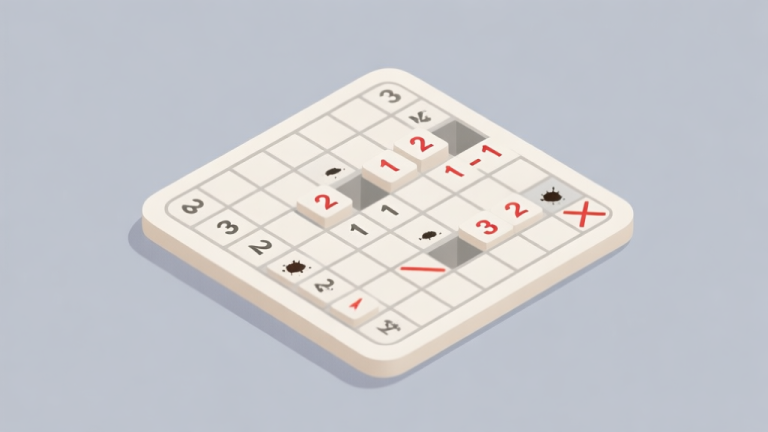 自动生成图片: A minimalist, top-down view of a partially solved Minesweeper expert grid, with clear numeric tiles (1, 2, 3) and a few flagged mines on a soft grey background, highlighting a specific logical pattern like a "1-2-1" formation high quality illustration, detailed, 16:9