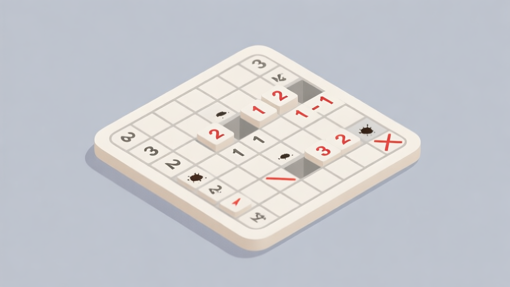 A minimalist, top-down view of a partially solved Minesweeper expert grid, with clear numeric tiles (1, 2, 3) and a few flagged mines on a soft grey background, highlighting a specific logical pattern like a "1-2-1" formation high quality illustration, detailed, 16:9
