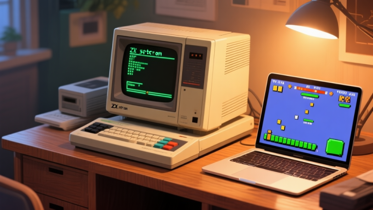 自动生成图片: A nostalgic scene of a vintage ZX Spectrum computer on a wooden desk, next to a modern laptop showing a game emulator, warm lighting, blending retro and modern technology high quality illustration, detailed, 16:9