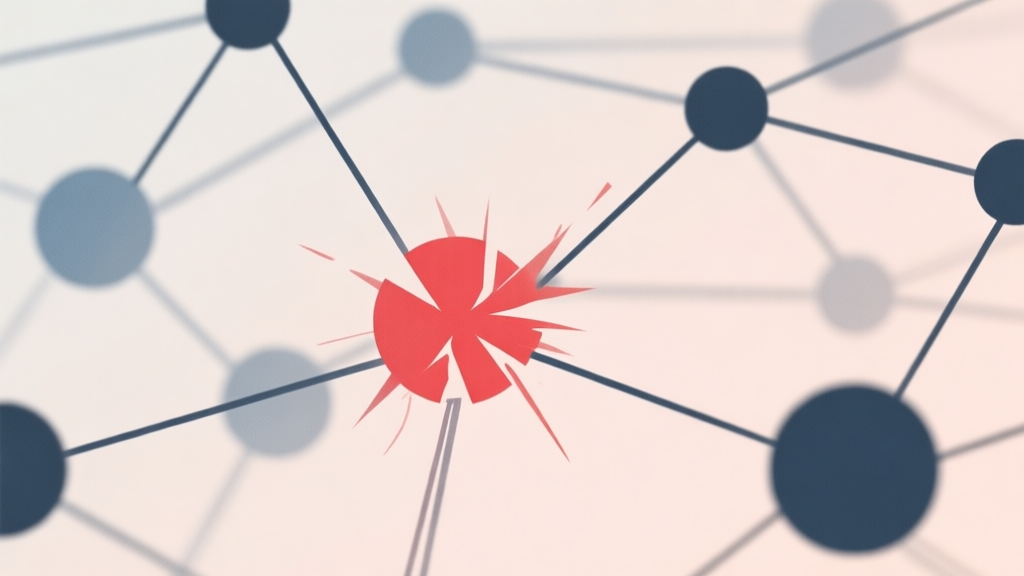 Abstract network nodes connected by lines, one red node causing disruption, soft color scheme, clean minimal illustration, modern digital concept of conflict high quality illustration, detailed, 16:9