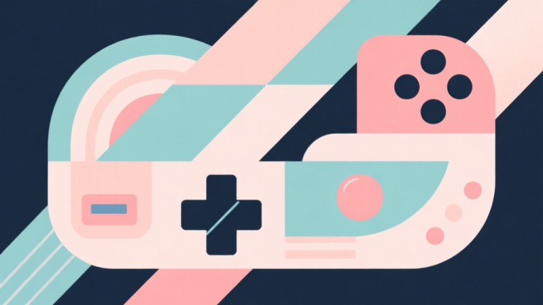 自动生成图片: Abstract geometric composition with overlapping shapes representing retro and modern game elements, soft pastel colors, modern minimal style, professional business concept illustration high quality illustration, detailed, 16:9