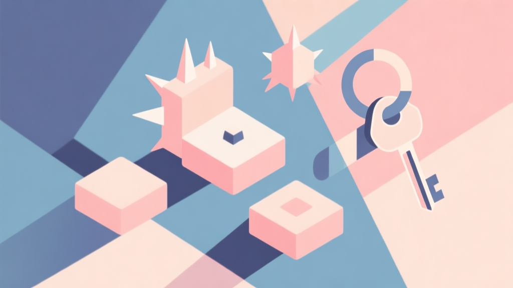 Abstract geometric composition with overlapping shapes representing game mechanics like spikes, moving blocks, and keys, soft pastel colors, modern minimal style, professional game design concept illustration high quality illustration, detailed, 16:9