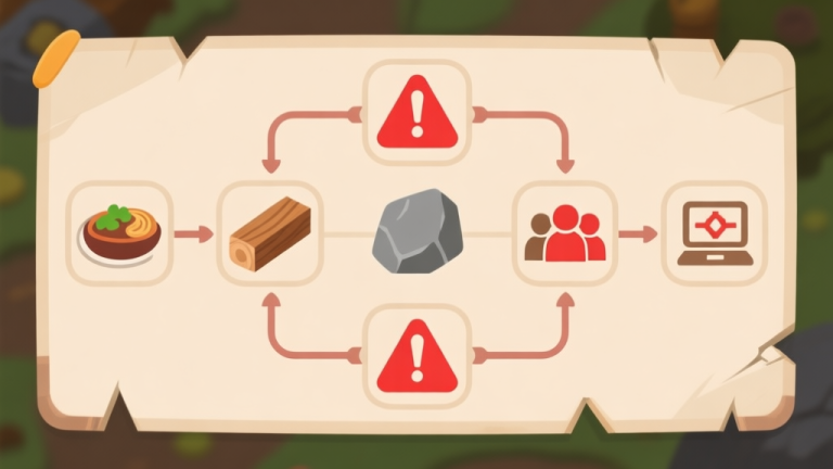 自动生成图片: Simple flowchart illustration showing interconnected icons for food, wood, stone, population, and technology, with red warning signs on broken connections, light earthy color scheme, clean minimal design, game strategy concept high quality illustration, detailed, 16:9