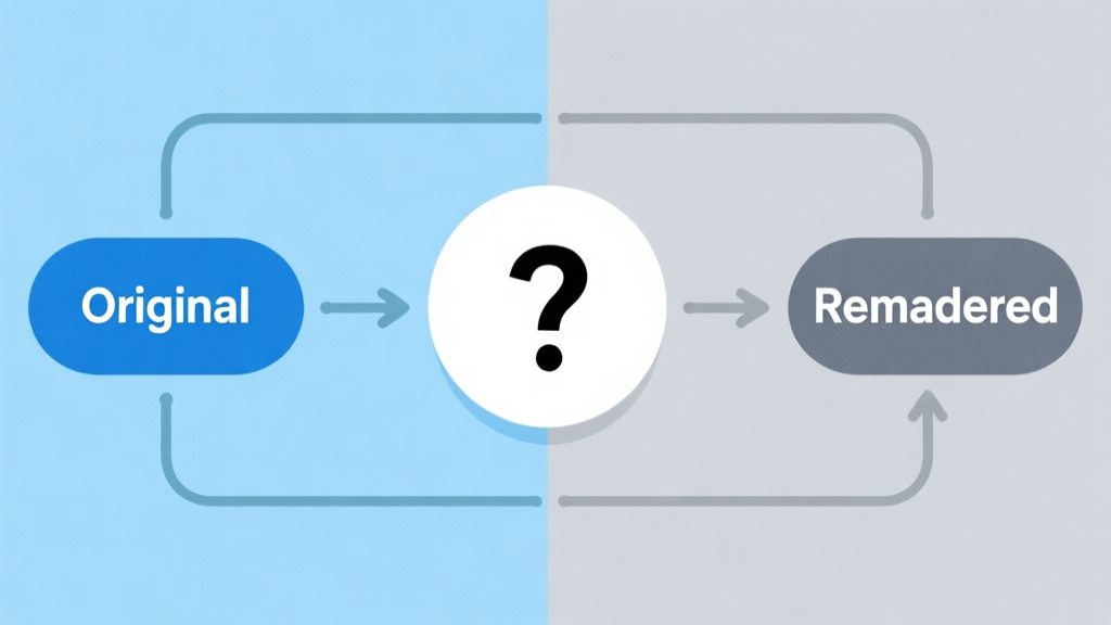 Simple flowchart illustration with two paths diverging from a central question mark, one labeled "Original" and the other "Remastered", light blue and grey color scheme, clean minimal design, decision-making concept high quality illustration, detailed, 16:9