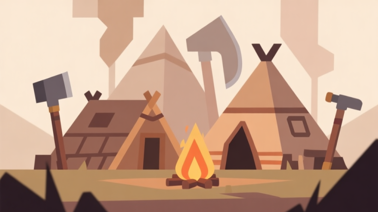 自动生成图片: Abstract geometric composition with overlapping shapes representing primitive tools, huts, and fire, soft earth tone colors, modern minimal style, professional game concept illustration high quality illustration, detailed, 16:9