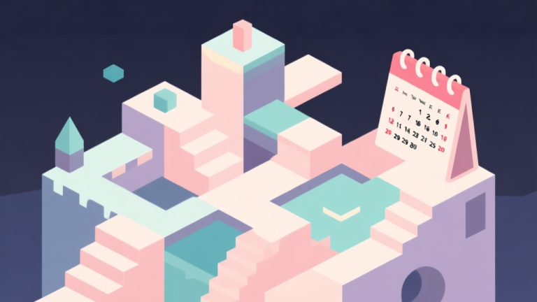 自动生成图片: Abstract geometric composition with overlapping shapes representing game levels and a calendar, soft pastel colors, modern minimal style, professional game design concept illustration high quality illustration, detailed, 16:9