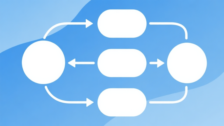 自动生成图片: Simple flowchart illustration with connected circles and arrows, light blue and white color scheme, clean minimal design, business presentation style high quality illustration, detailed, 16:9