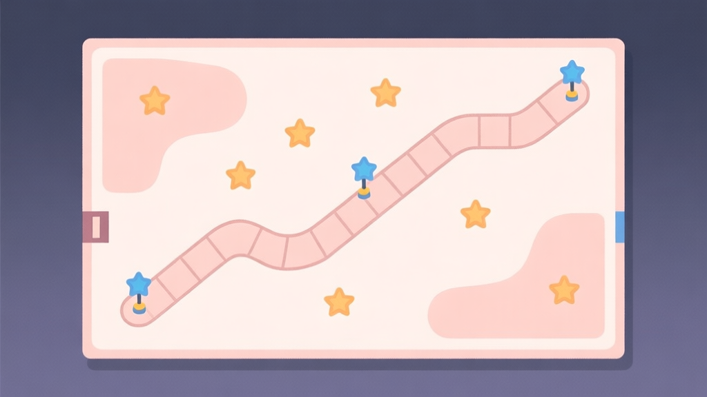 A minimalist game level map with a winding path, checkpoints, and collectible stars scattered strategically, in a soft pastel color palette with clean lines, illustrating puzzle path optimization high quality illustration, detailed, 16:9