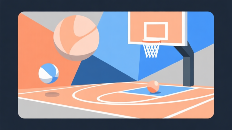 自动生成图片: Abstract geometric composition with overlapping shapes in soft orange, blue and grey, representing game elements like balls and hoops, modern minimal style, professional game design concept illustration high quality illustration, detailed, 16:9