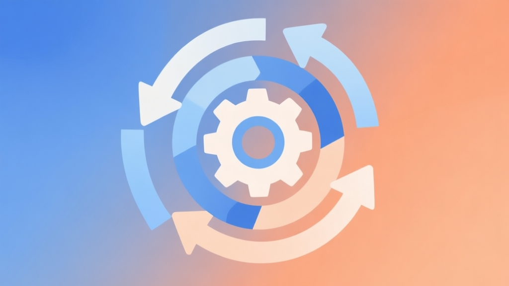 Abstract geometric composition with overlapping gears and arrows in a circular flow, soft blue and orange gradient, clean minimal style, illustrating a core game mechanic loop high quality illustration, detailed, 16:9