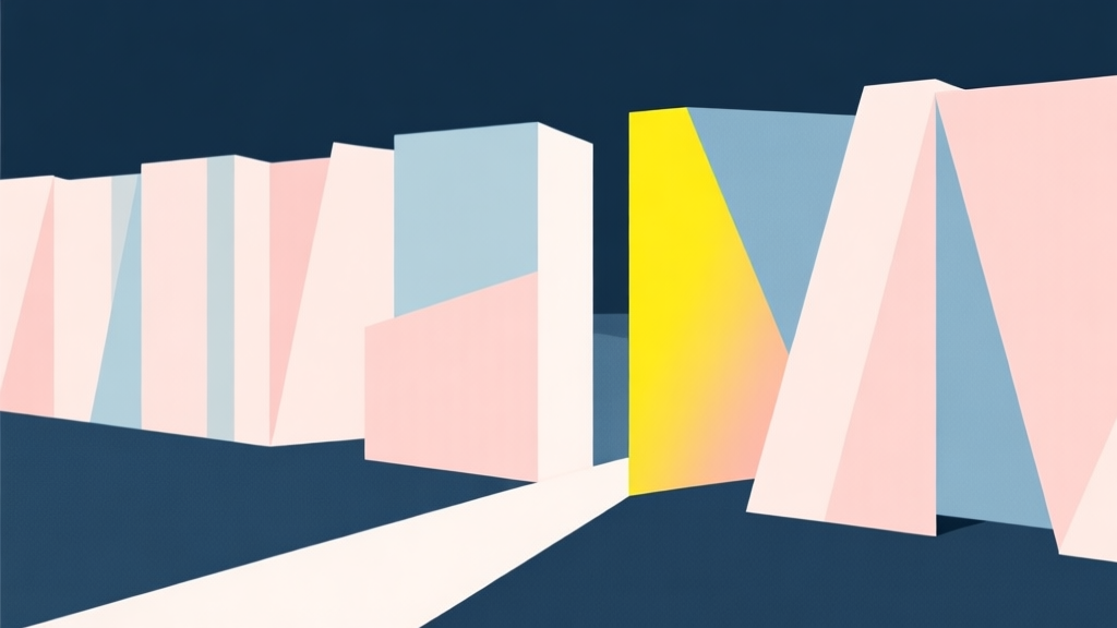 Abstract geometric composition with overlapping shapes forming a barrier, soft pastel colors with one bright color breaking through, modern minimal style, professional business concept illustration of problem solving high quality illustration, detailed, 16:9