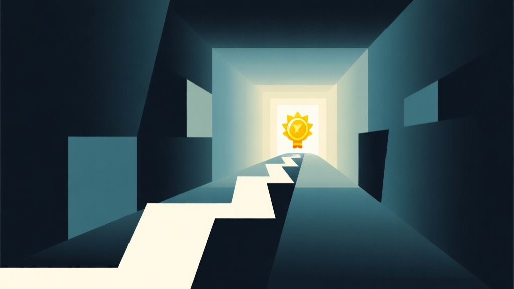 Abstract geometric composition showing a challenging path with a bright reward at the end, using a dark-to-light gradient, clean lines, and a sense of hard-earned achievement, minimalist game design style high quality illustration, detailed, 16:9