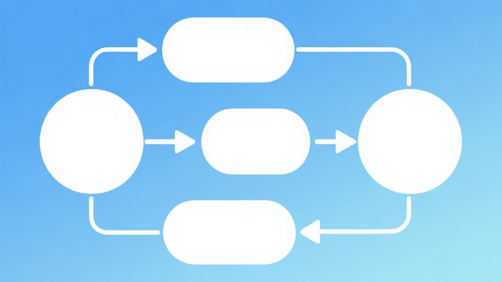 Simple flowchart illustration with connected circles and arrows, light blue and white color scheme, clean minimal design, business presentation style high quality illustration, detailed, 16:9