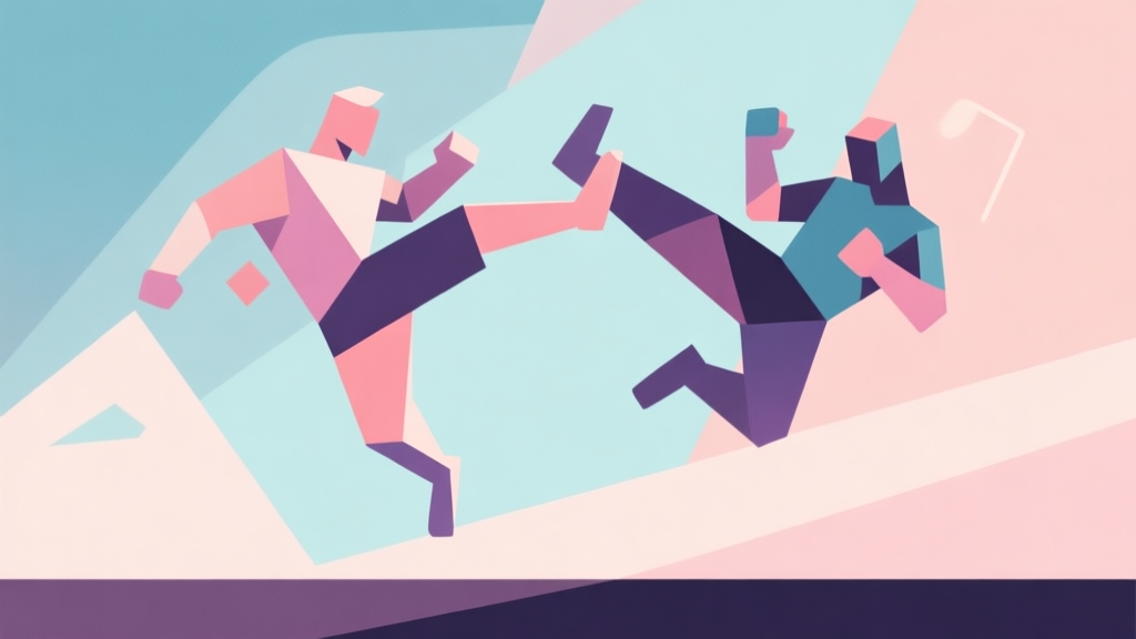 Abstract geometric composition with overlapping shapes representing game characters in mid-air kick poses, soft pastel colors, modern minimal style, professional gaming concept illustration high quality illustration, detailed, 16:9