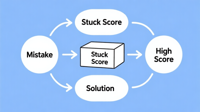 自动生成图片: Simple flowchart illustration with connected circles and arrows labeled "Mistake" leading to a "Stuck Score" box, then diverging to "Solution" and "High Score", light blue and white color scheme, clean minimal design high quality illustration, detailed, 16:9