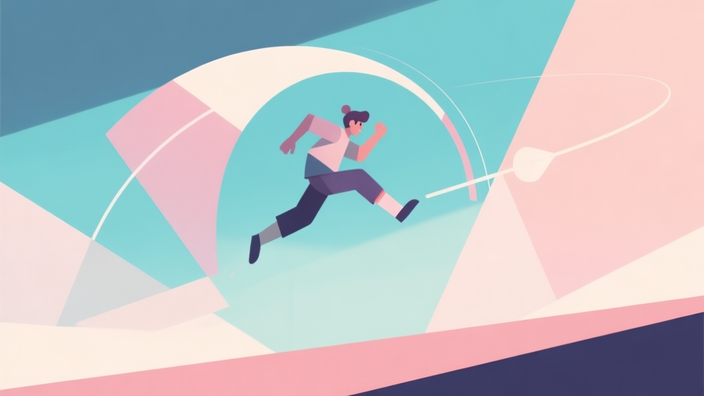 Abstract geometric composition showing a character performing a unique jumping arc, overlapping shapes illustrating trajectory, soft pastel colors, modern minimal style, gaming concept illustration high quality illustration, detailed, 16:9