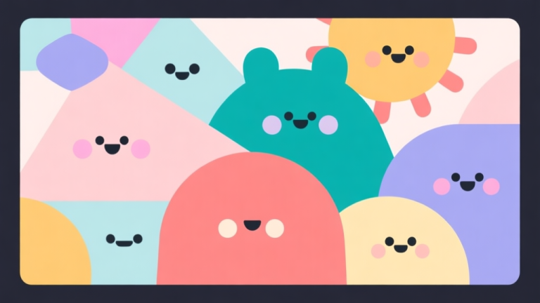 自动生成图片: Abstract geometric composition with overlapping colorful, playful shapes resembling cute creatures, soft pastel colors, modern minimal style, concept of viral spread and community high quality illustration, detailed, 16:9