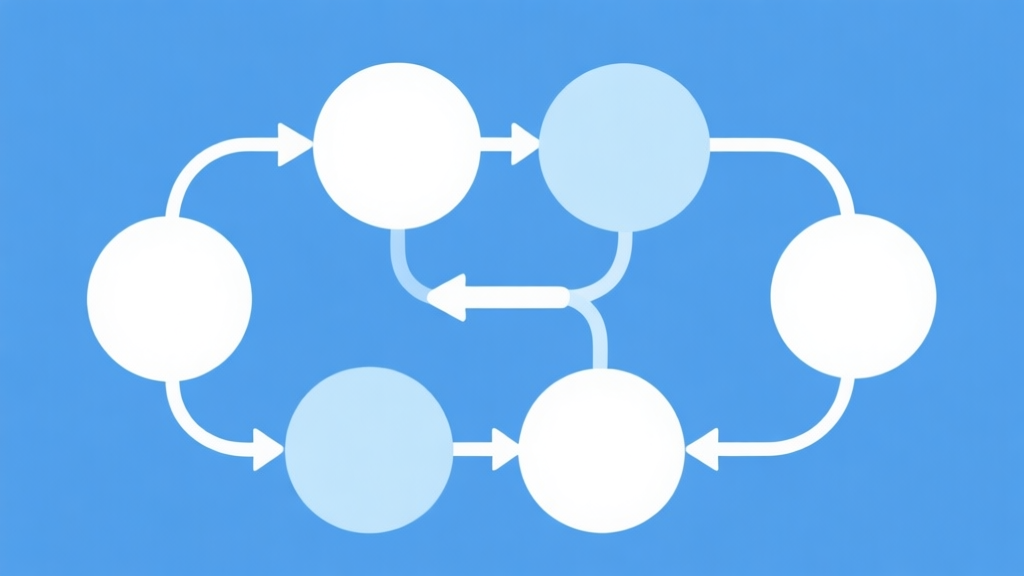 Simple flowchart illustration with connected circles and arrows, light blue and white color scheme, clean minimal design, business presentation style high quality illustration, detailed, 16:9