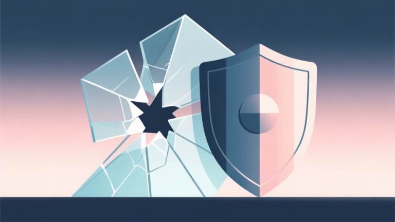 自动生成图片: Abstract geometric composition with a fragile glass-like structure next to a sturdy shield, soft pastel colors, modern minimal style, vulnerability vs strength concept illustration high quality illustration, detailed, 16:9