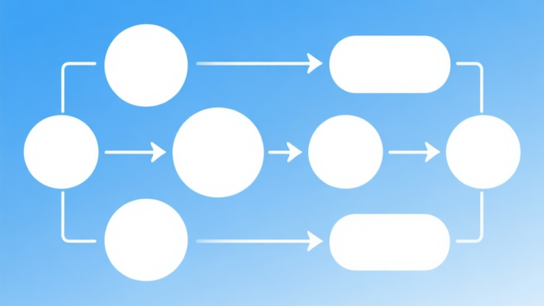 自动生成图片: Simple flowchart illustration with connected circles and arrows, light blue and white color scheme, clean minimal design, business presentation style high quality illustration, detailed, 16:9