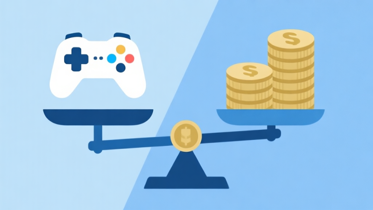 自动生成图片: A minimalist illustration of a scale balancing game controller icons on one side and coin stacks on the other, soft blue and gold color scheme, clean geometric design, representing value comparison high quality illustration, detailed, 16:9